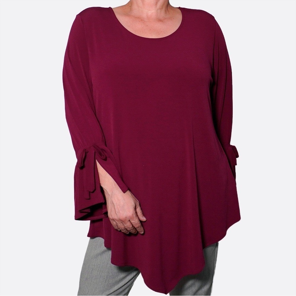 Alfani Burgundy Tunic Top 2X 18 20 Bell Sleeve Tie Detail Blouse Going Out